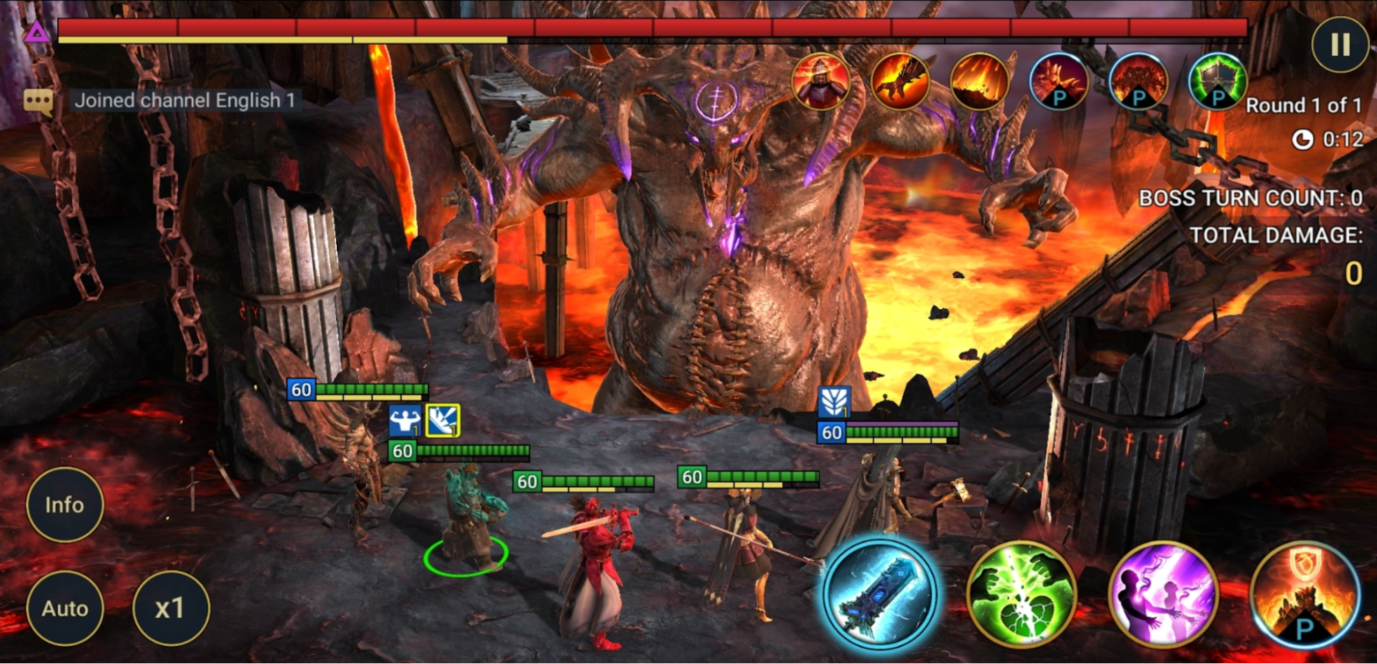 A team taking on the Demon Lord Clan Boss in RAID: Shadow Legends.