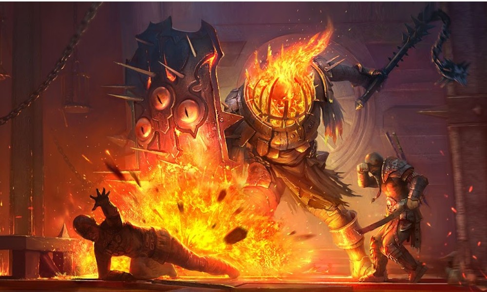 A CG-image of the Fire Knight attacking several Champions in RAID: Shadow Legends.