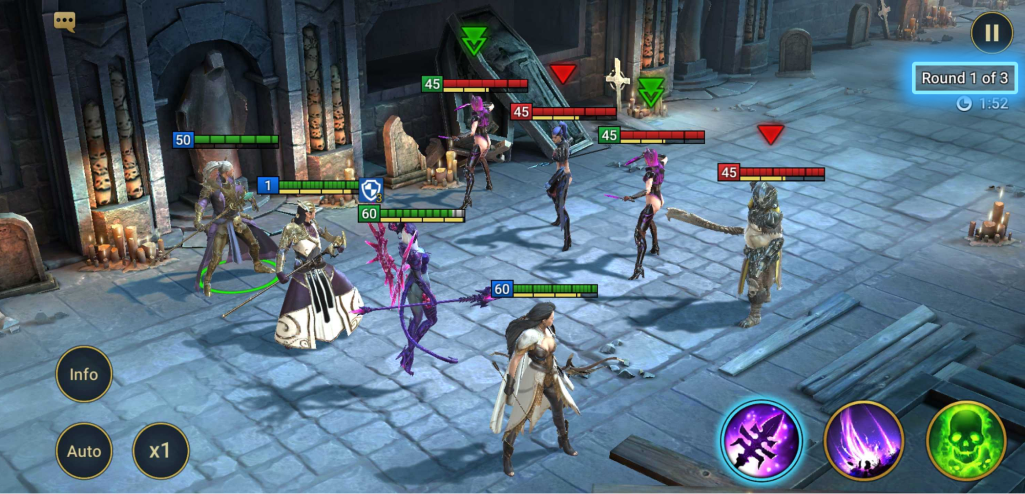 A battle in RAID: Shadow Legends with the highlighted Round counter in the top right-hand corner.