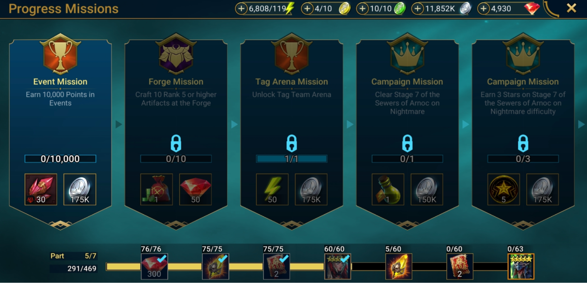 The Missions menu in RAID: Shadow Legends.