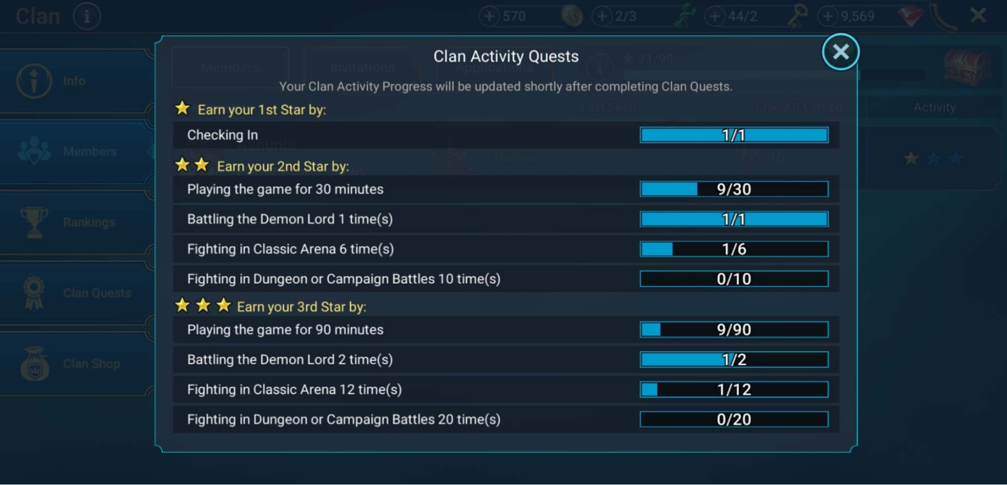 A screenshot showing the Clan Activity Quests in the Clan menu of RAID: Shadow Legends. Once the Clan earns 90 cumulative stars, everyone is awarded a special Clan reward chest, crammed full of goodies.