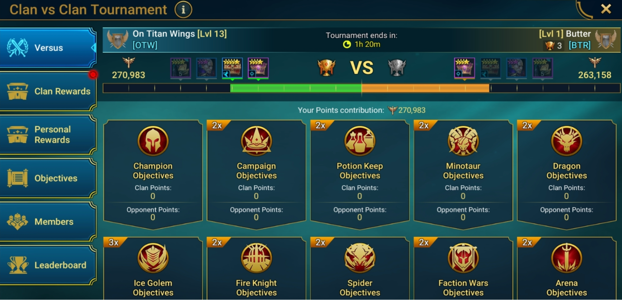 A screenshot showing the Clan vs. Clan Tournament menu in RAID: Shadow Legends.