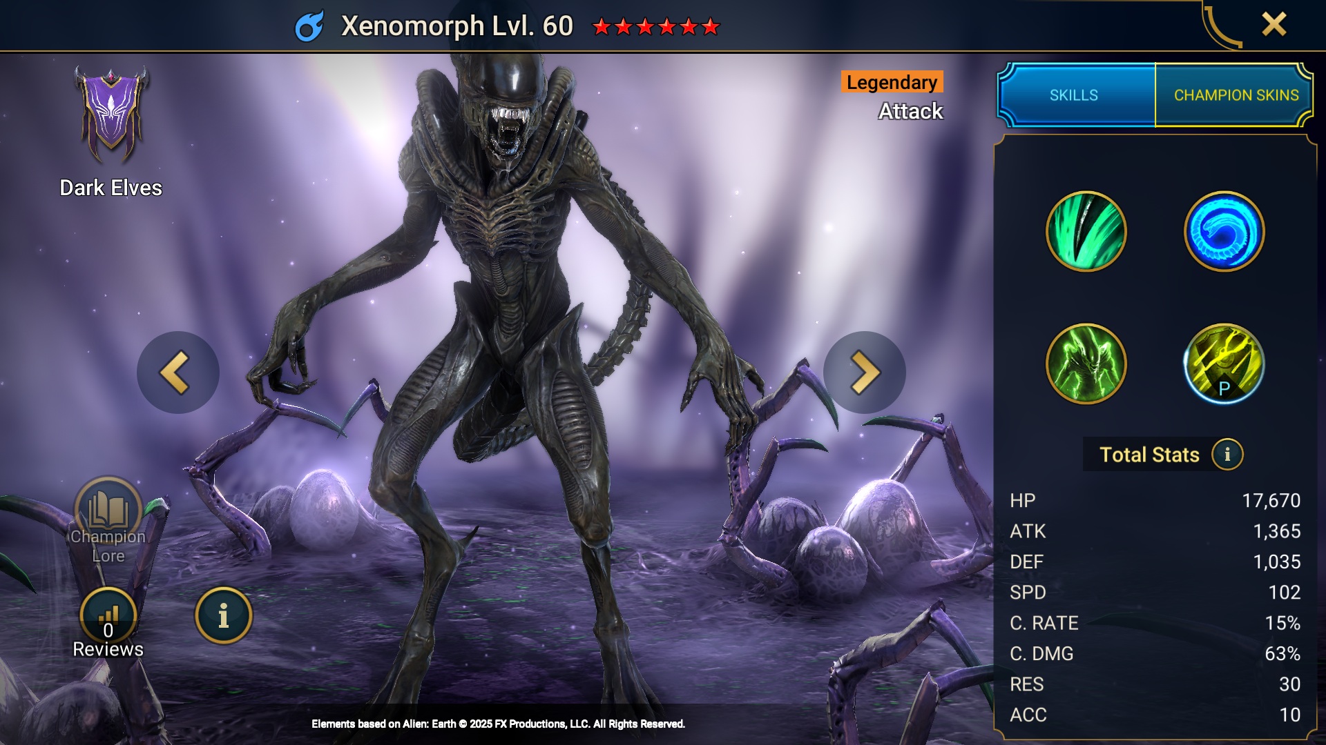 A screenshot of the Legendary Champion, Xenomorph, in RAID: Shadow Legends