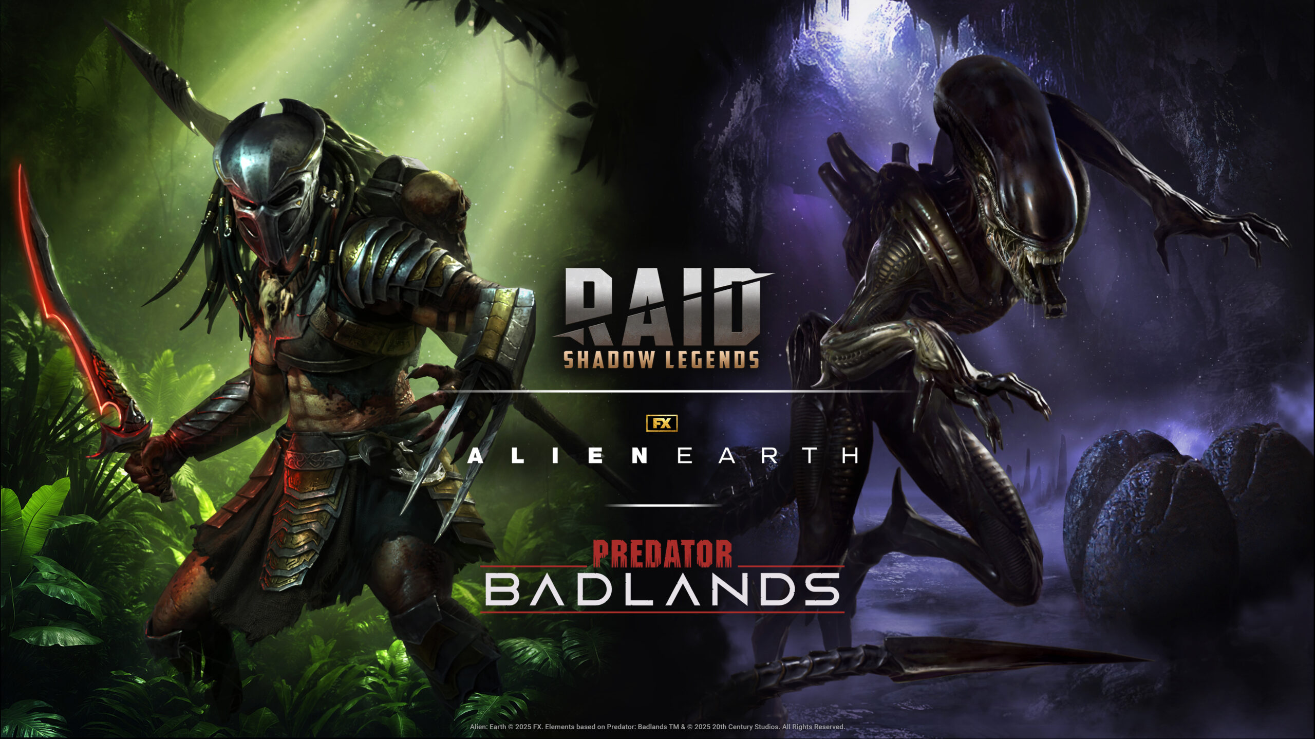 A side-by-side image of the Xenomorph & the Predator in RAID: Shadow Legends