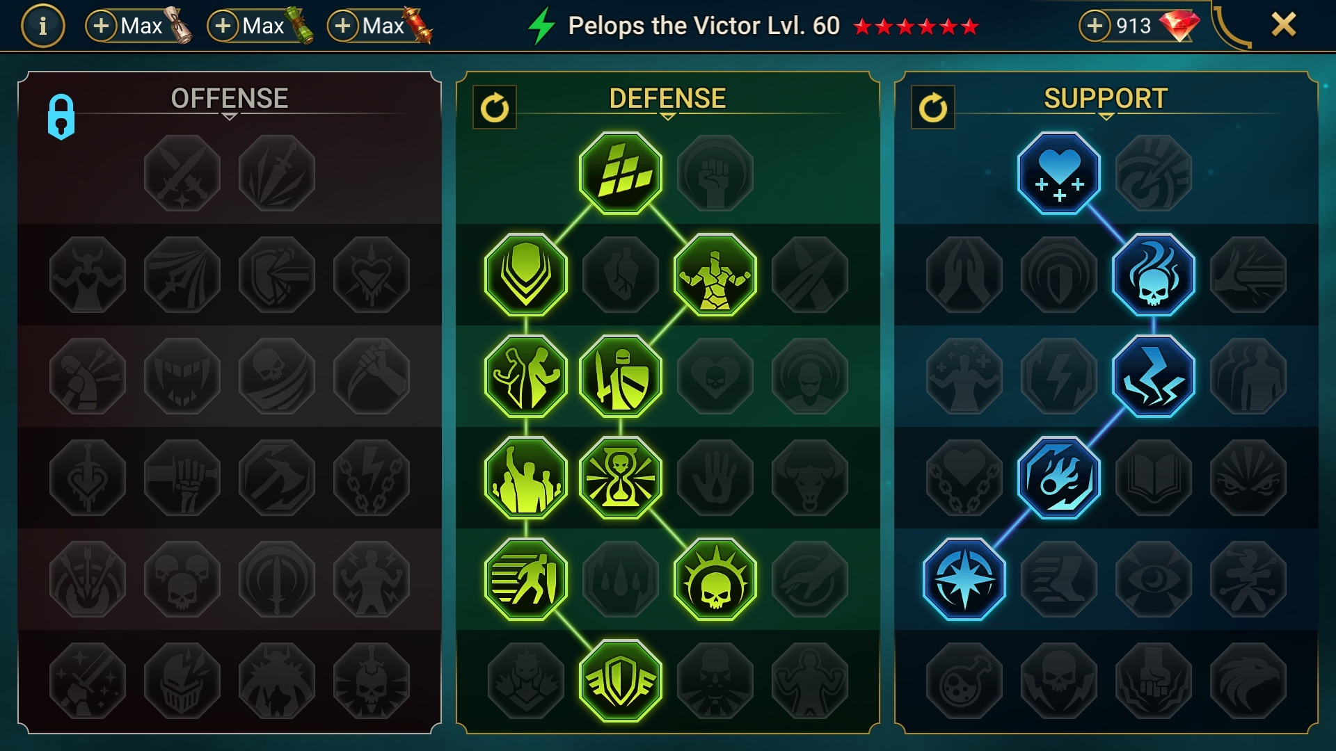 IMAGE OF A DEFENSE-FOCUSED MASTERY BUILD FOR PELOPS THE VICTOR IN RAID: SHADOW LEGENDS